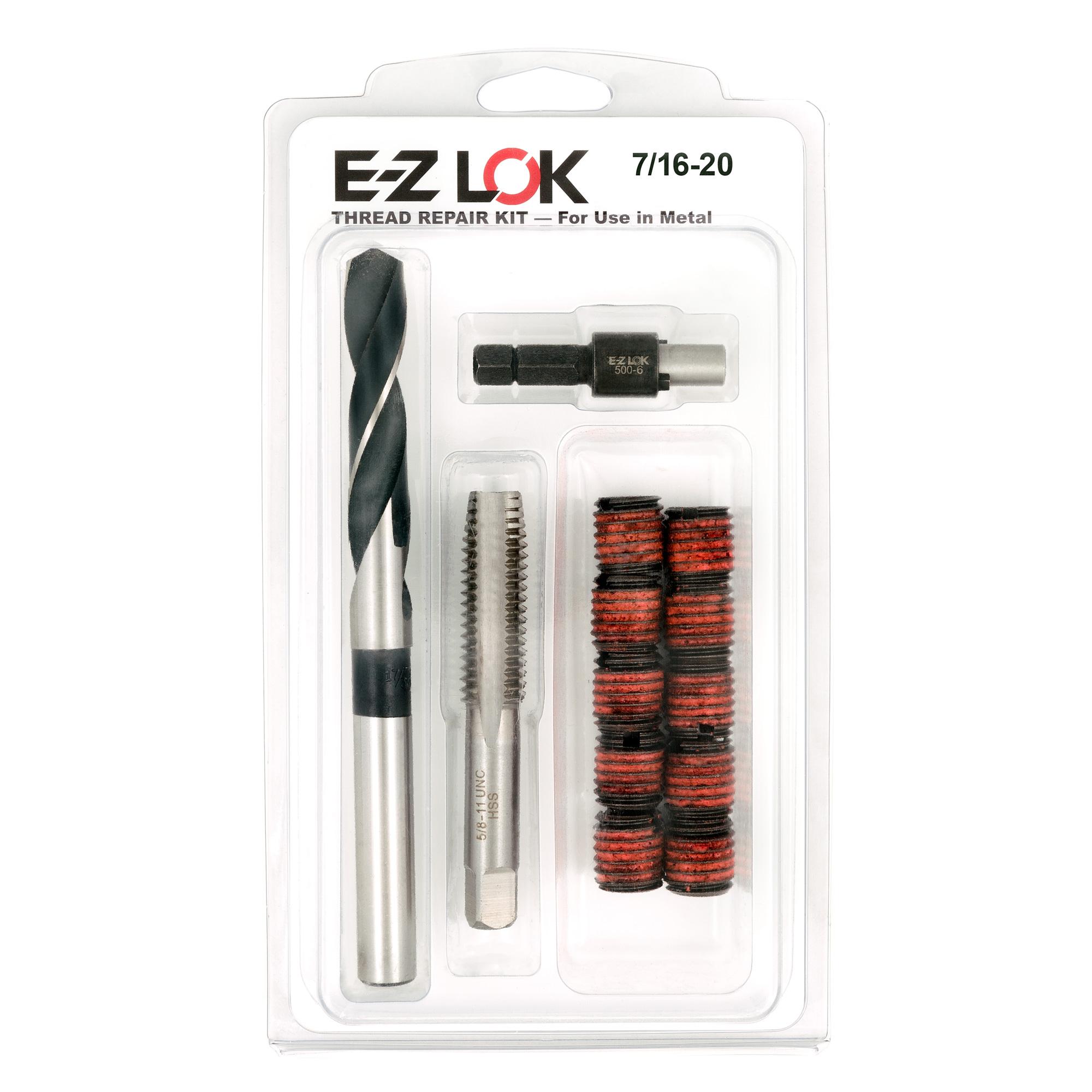 7/16"-20 x 5/8"-11 Carbon Steel Solid Wall Threaded Insert W/Red Loctite Standard Repair Kit with Inserts, Drill Bit, Tap, and Install Tool
