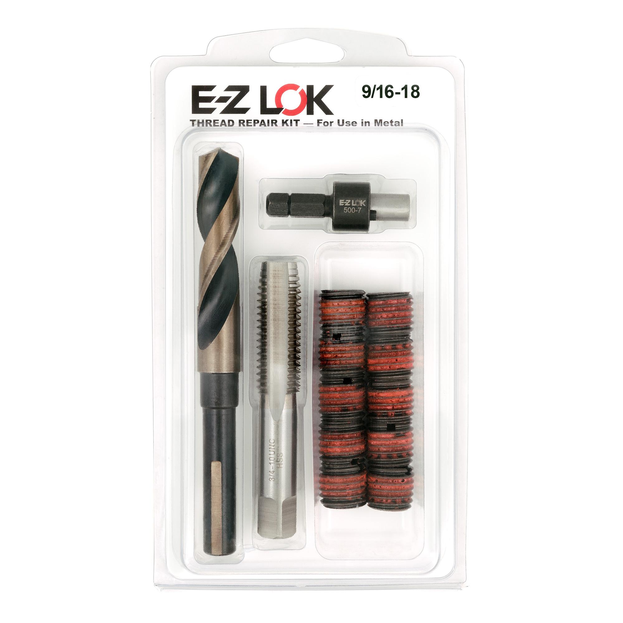 9/16"-18 x 3/4"-10 Carbon Steel Solid Wall Threaded Insert W/Red Loctite Standard Repair Kit with Inserts, Drill Bit, Tap, and Install Tool