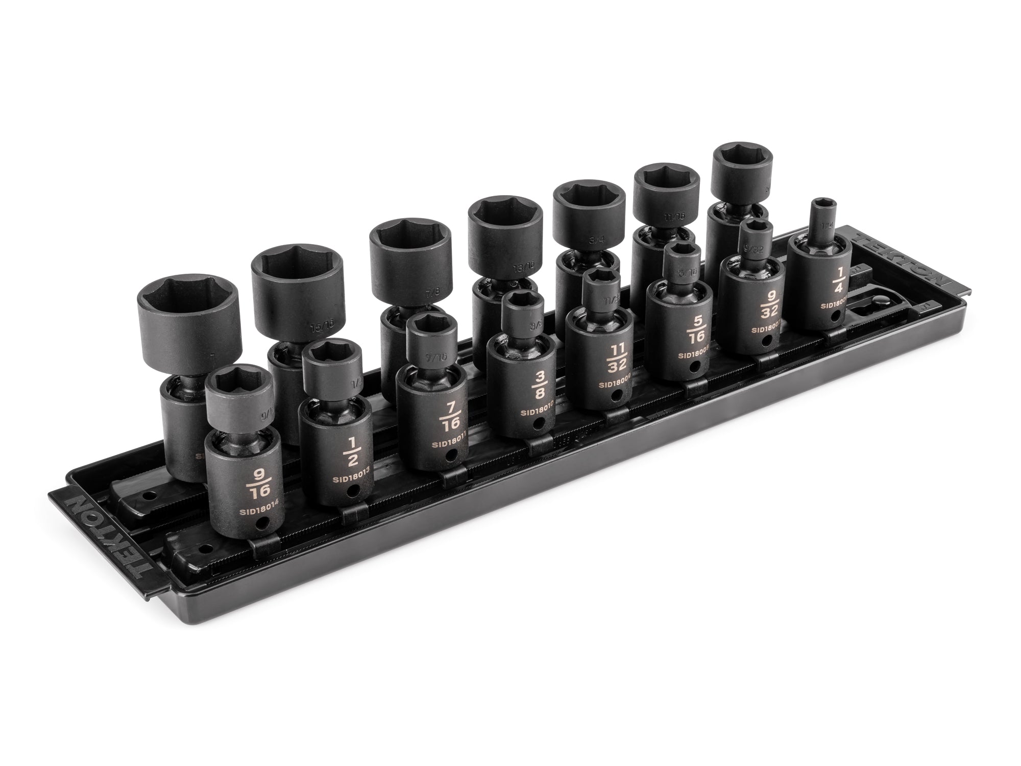 3/8 Inch Drive Shallow 6-Point Universal Joint Impact Socket Set with Rails and Tray, 15-Piece (1/4 - 1 in.)