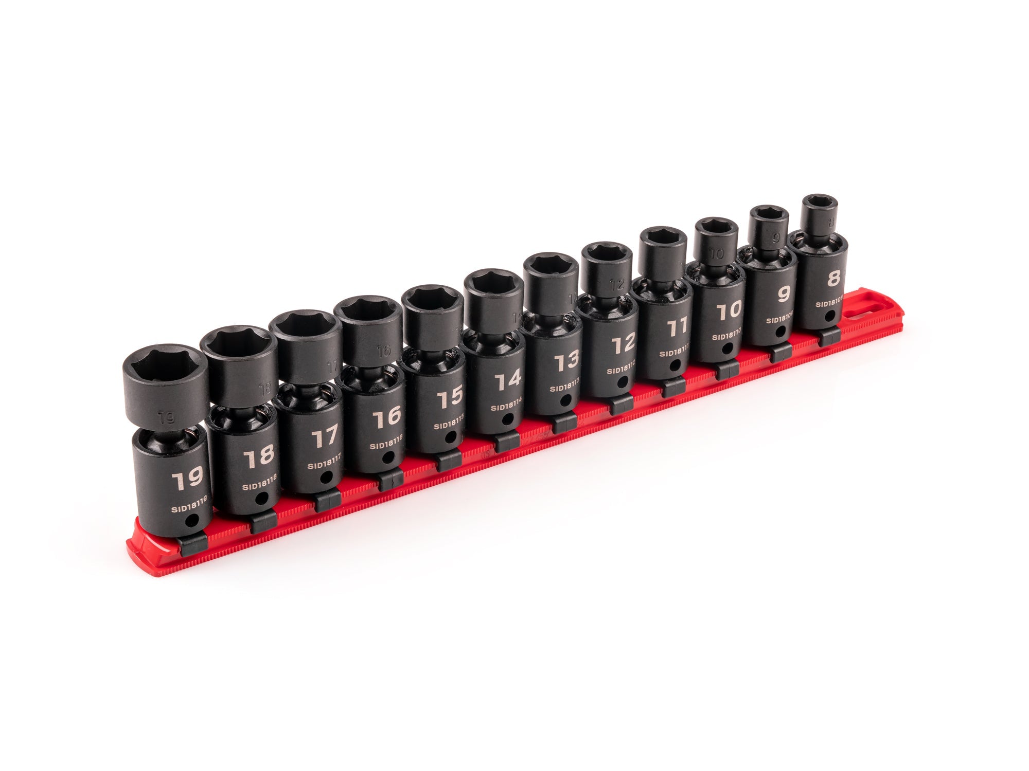3/8 Inch Drive Shallow 6-Point Universal Joint Impact Socket Set with Rail, 12-Piece (8 - 19 mm)