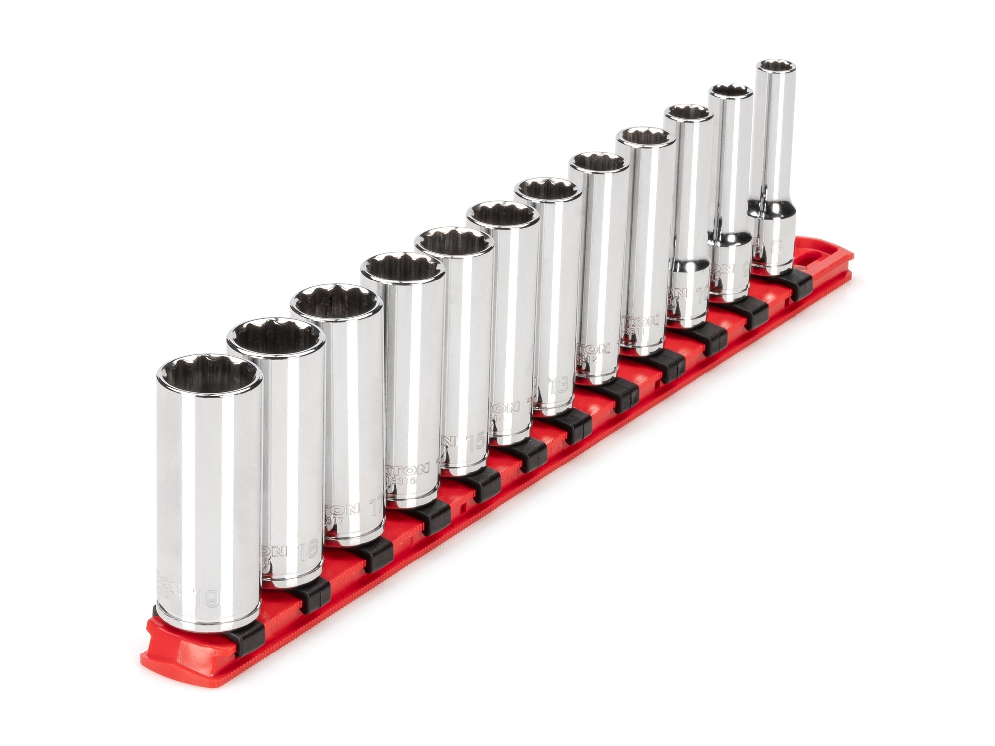 3/8 Inch Drive Deep 12-Point Socket Set with Rail, 12-Piece (8 - 19 mm)