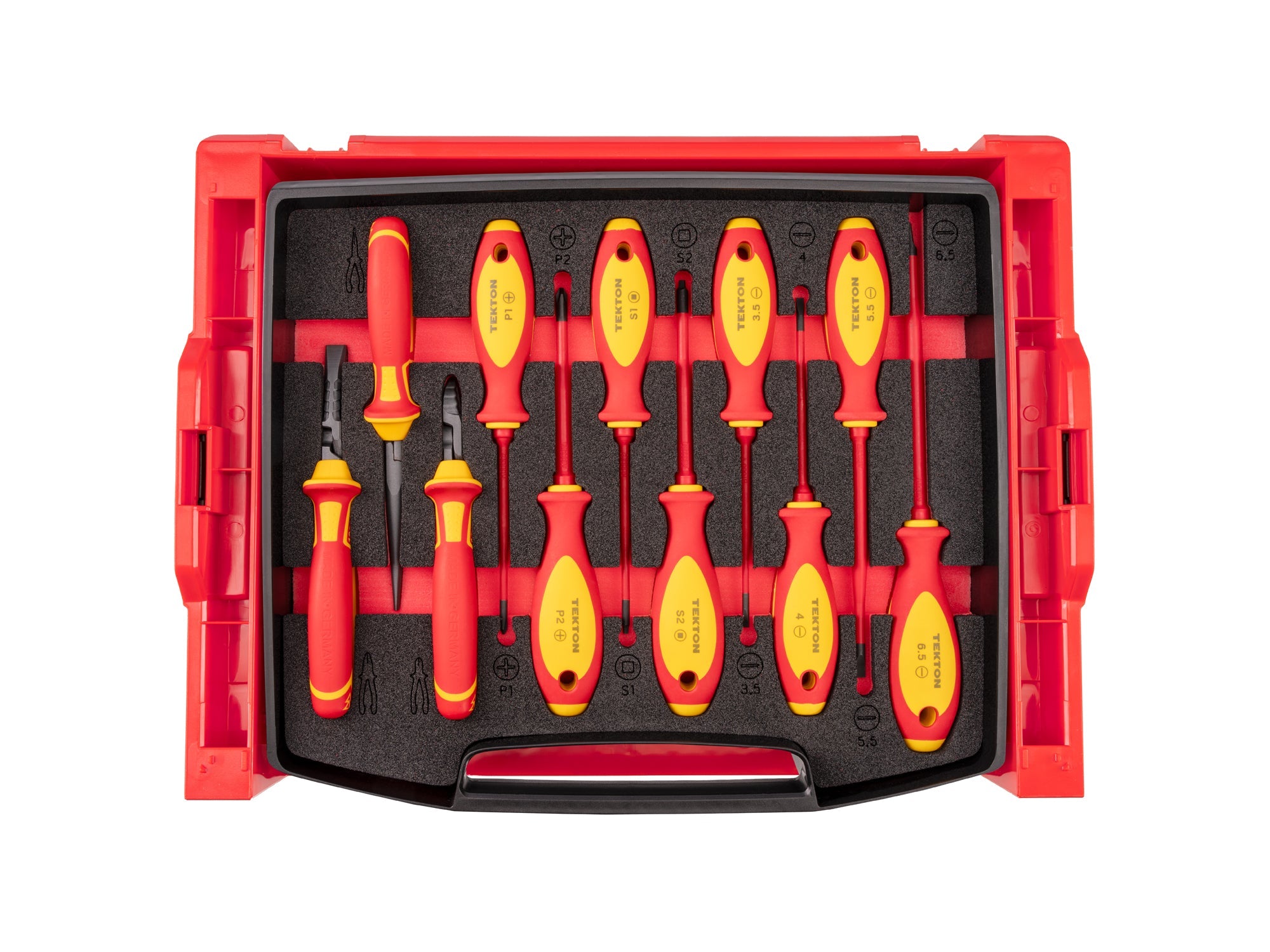 Insulated Phillips, Slotted, Square Drivers and Pliers Set with Open Top Drawer and Rack, 11-Piece (Combination, Long Nose, Diagonal Cutting)