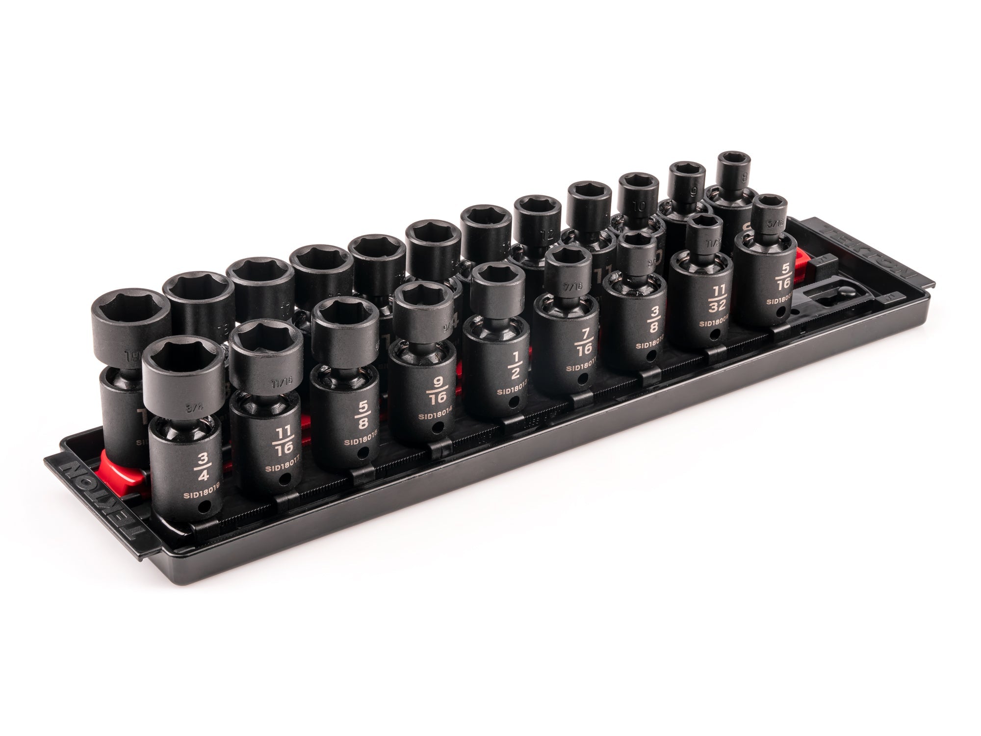 3/8 Inch Drive Shallow 6-Point Universal Joint Impact Socket Set with Rails and Tray, 21-Piece (5/16 - 3/4 in., 8 - 19 mm)